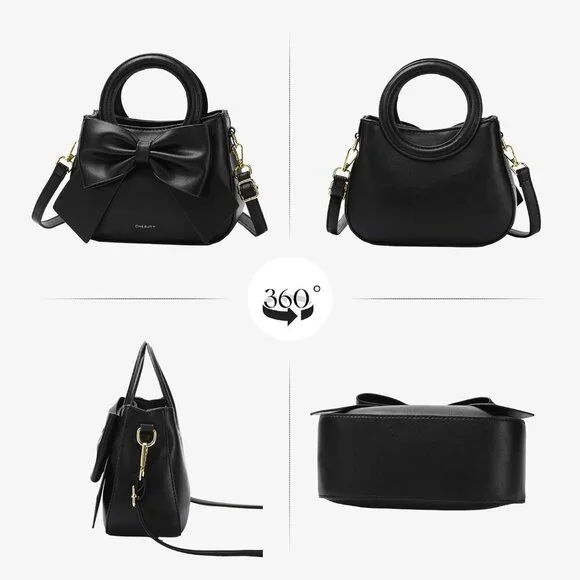 Vegan Leather Crossbody Bag Small Womens Purse with Bow Rope Adjustable